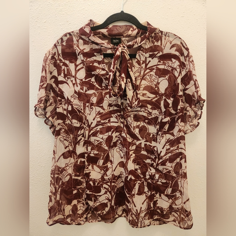 Mossimo Supply Co. Boho Chic Burgundy Leaf Print Blouse W/ Neck Tie Sz 20W